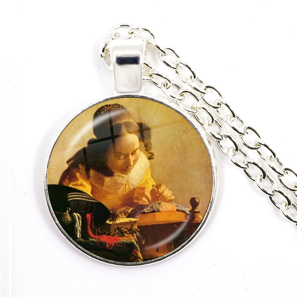 Girl Wearing Pearl Johannes Vermeer Art Pendant Glass Cabochon Necklace Fashion Chain Necklaces Jewelry for Women Mens