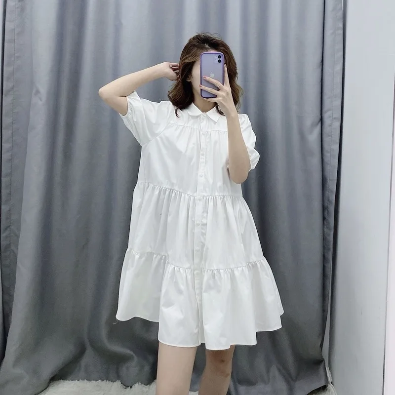 Summer White Fairy Dress Women Lapel Solid Color Wide-hem Cotton Cottagecore Dresses 2023 New Fashion Plus Size Casual Outwear