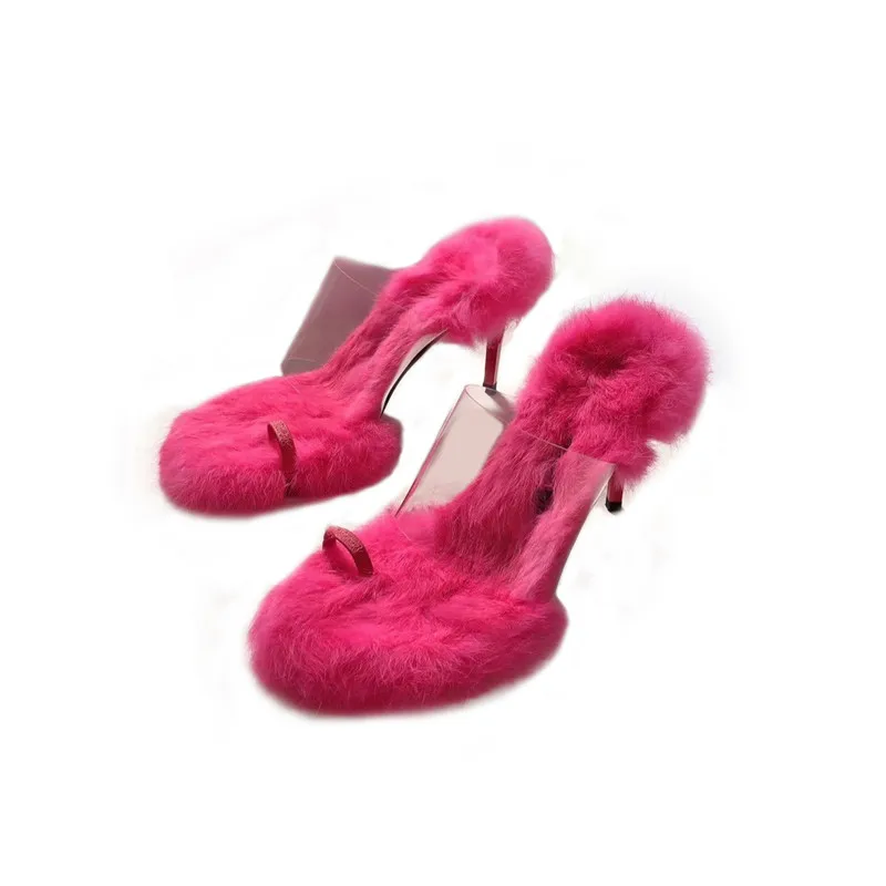 Stylish Slippers Rabbit's Hair Clear PVC Stiletto High Heeled Summer Woman Shoes Spring 2020 New Arrivals Concise Style Colorful