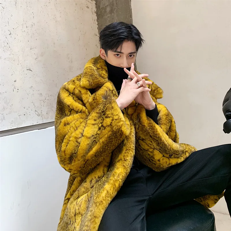 

Faux fur windbreaker men's foreign style coat plush loose long coat casual thickening and warmth