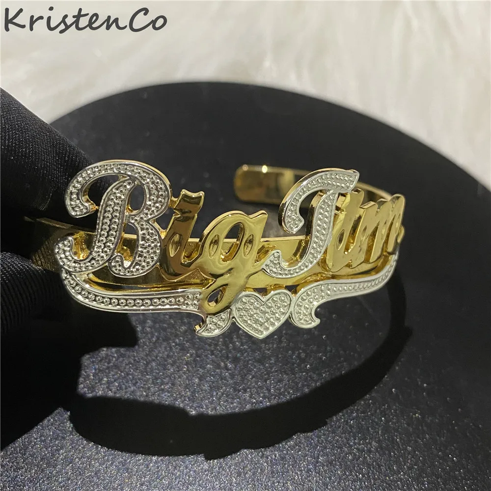 Imagem -04 - Kristenco-pulseira Nome Personalizado com Coração Pulseira Nome Personalizado Placa de Identificação Banhada a Ouro Aço Inoxidável