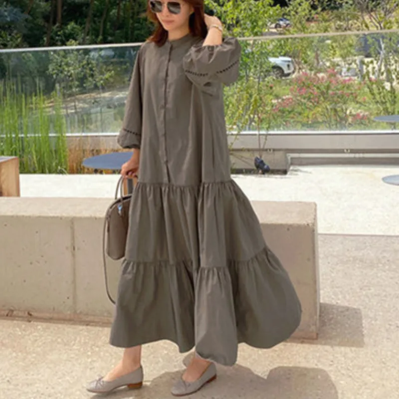 

2022 Summer Korean Version Loose Dress A-line Lantern Sleeve Leisure Large Size Dresses Women Elegant E176