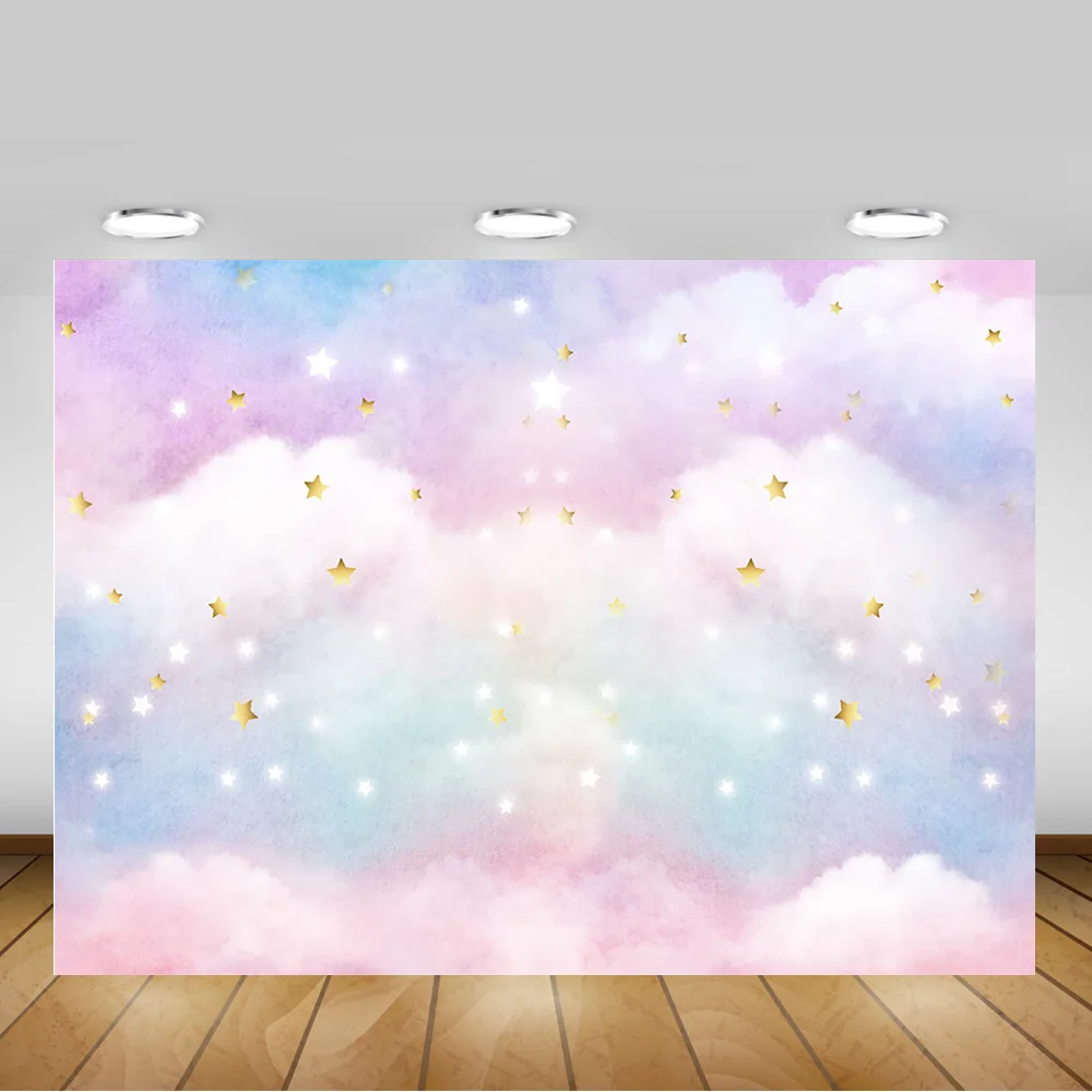 Pano de fundo para fotos de aniversário, tema de arco-íris em nuvem com estrelas douradas, para recém-nascidos, retrato de fundo para fotografia