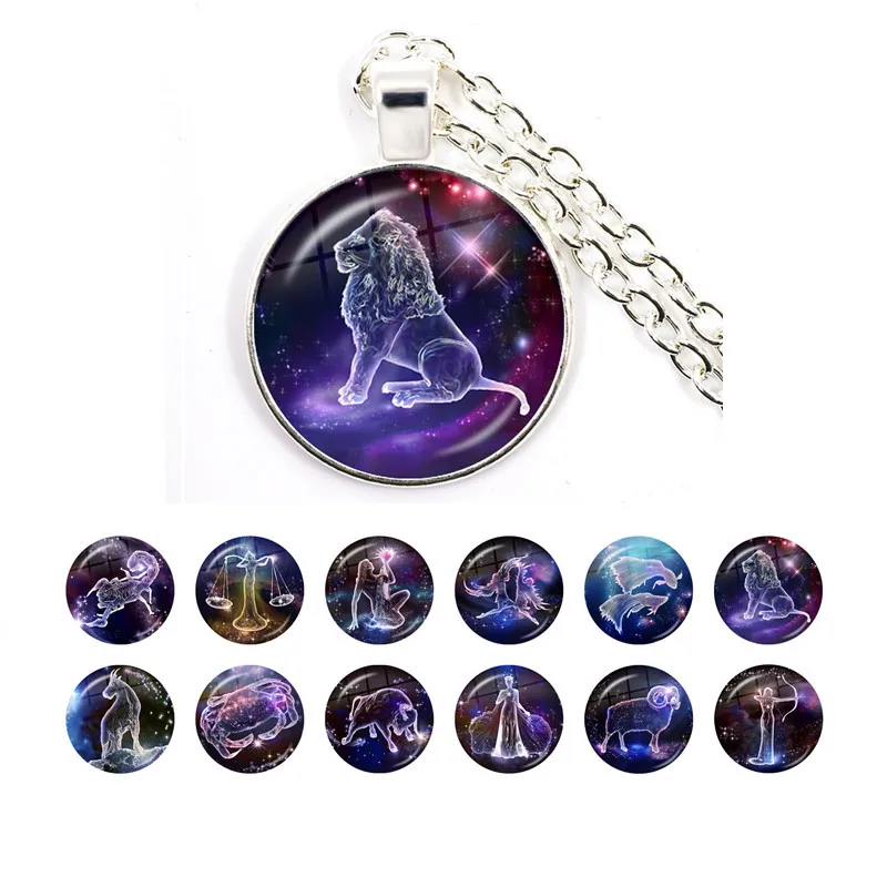 12 Zodiac Signs Glass Cabochon Constellations Pendant Necklace Fashion Jewelry Women Men Virgo Cancer Aries Gemini Birthday Gift