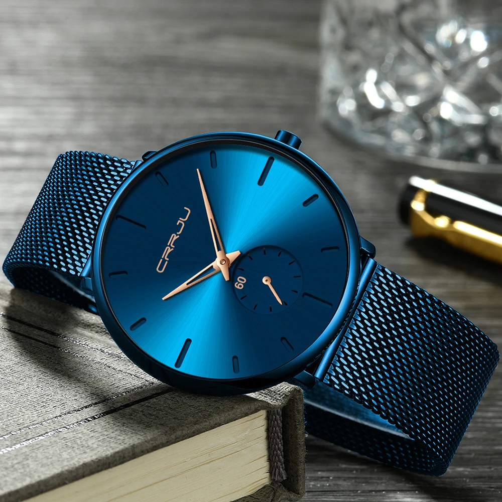 CRRJU moda mavi erkekler İzle en lüks marka Minimalist Ultra ince Quartz saat rahat su geçirmez saat Relogio Masculino