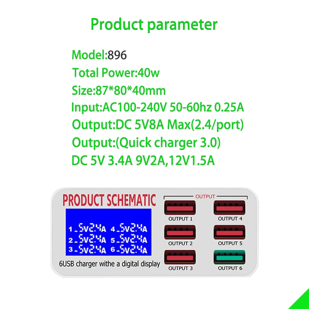Caricabatterie USB QC3.0 con Display LCD 6 porte caricabatterie da tavolo per cellulare ricarica rapida intelligente per smartphone Tablet PC