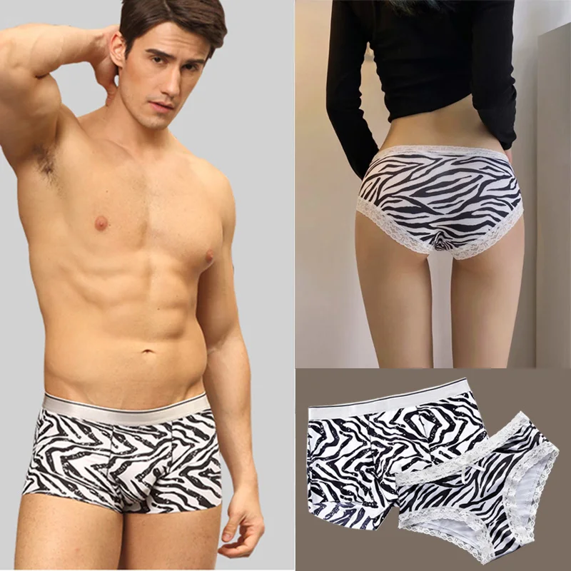 2PCS Fashion Couple Underwear Set Ice Silk Panties Mens Underwear Boxers Women Lovely Lace Panties for Lover's UnderPants