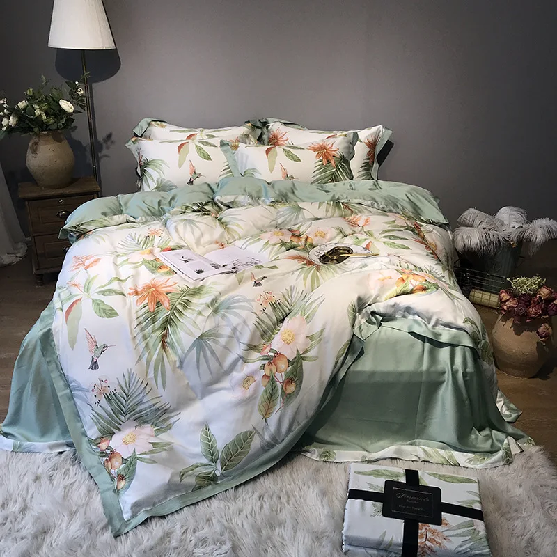 Green Flower Printed Pastoral Luxury BeddingSet Califonifa King Size Morden DuvetCover Queen ComforterSet Bedsheet Satin Bedding