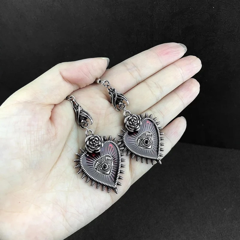 Occult Dark Goth Drop Earring Jewelry Blood Rose Heart Oil Bat Gothic Earrings Women's Retro Hanging Piercing Earings Aesthetic