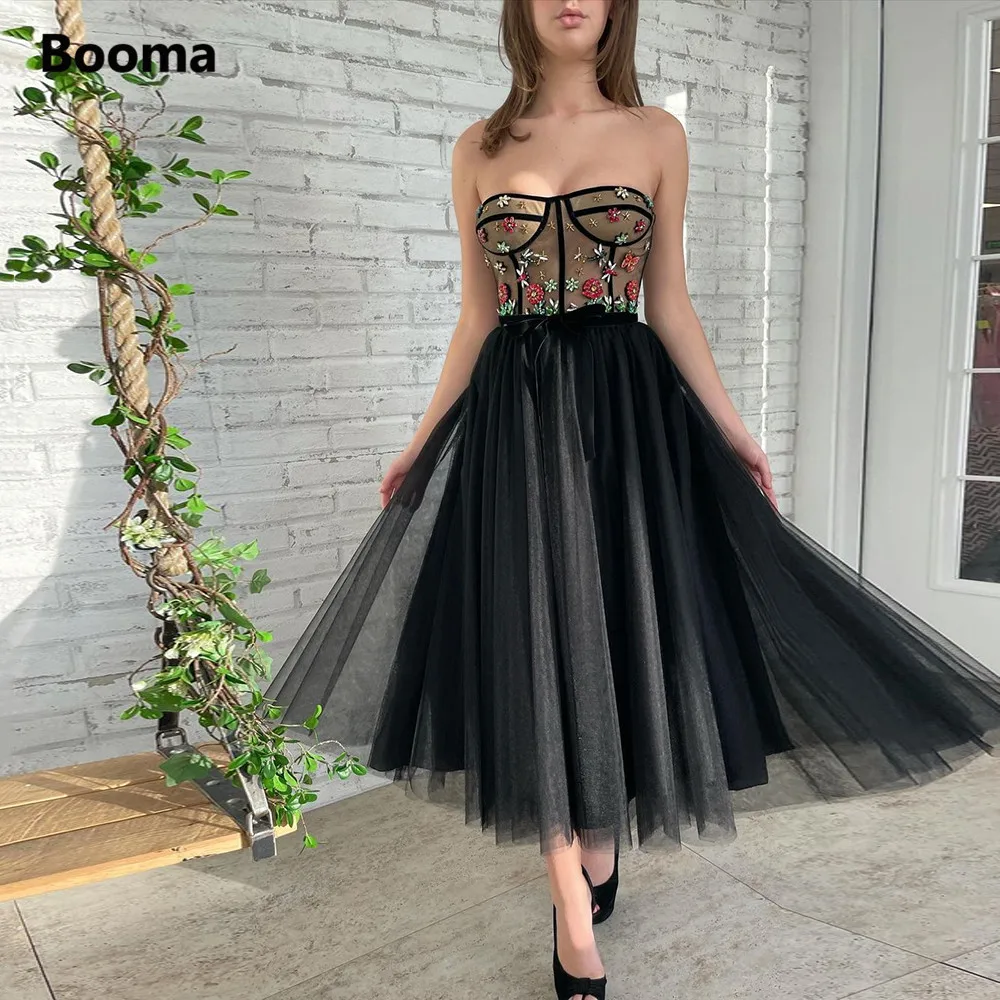 

Booma Black Strapless Midi Prom Dresses 2022 Crystals Bow Belt A-Line Formal Party Dresses Tea-Length Tulle Evening Gowns