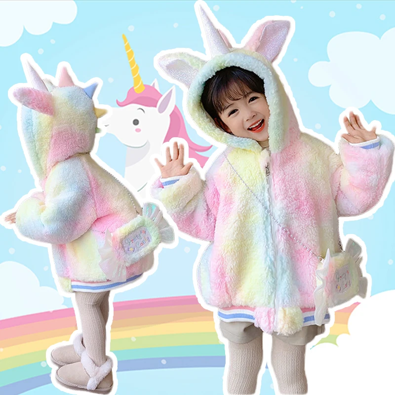 

NEW Winter Jacket For Girls Cute Unicorn Colorful Coats Send Bag Fashion Children Outerwear Baby Kids Clothes Birthday Gift 2Pcs