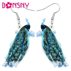 Bonsny Acrylic Blue Peacock Peafowl Earrings Long Printing Wild Bird Animal Dangle Drop For Women Girls Kid Novelty Gift Jewelry