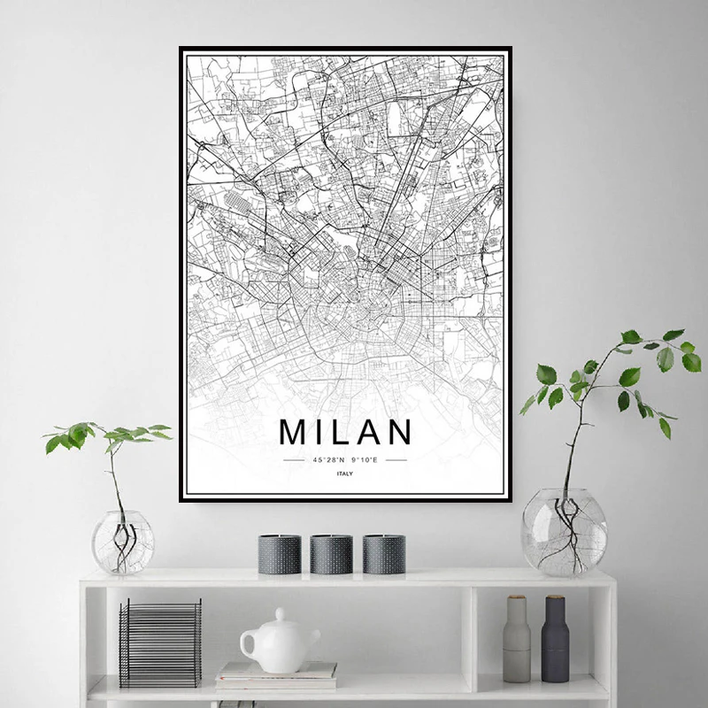 Milan Rome Italy Florence Venice City Map Wall Art Canvas Painting Poster Print Black and White Engraving Minimalist Wall Decor