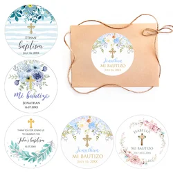 Personalized Mi Bautizo Christening & Baptism Sticker Label Custom Name Date Text The First CommunionFloral Frame Party Sticker