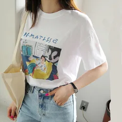 1PCS Matisse women seat in arm loose casual female short sleeve cartoon art print female tops fashion Harajuku new letter T-shir