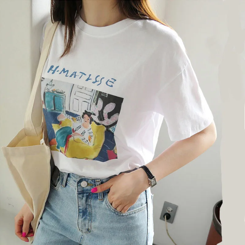 1PCS Matisse women seat in arm loose casual female short sleeve cartoon art print female tops fashion Harajuku new letter T-shir