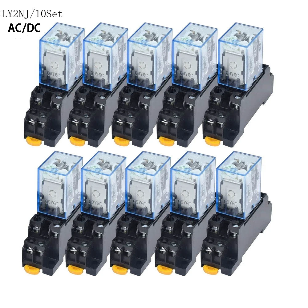 10Pcs Relay LY2NJ DC12V DC24V AC110V AC220V Small relay 10A 8 Pins Coil DPDT With Socket Base