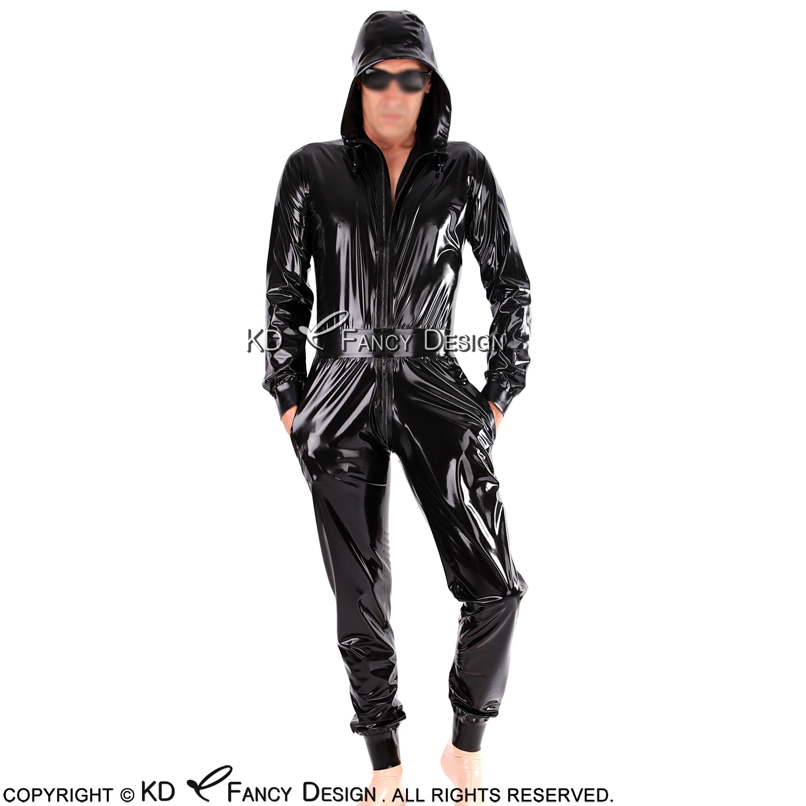 Black Sexy Wide Latex Catsuit With Hoodies Belt Front Zipper Rubber Body Suit Bodysuit Zentai Overall LTY-0100