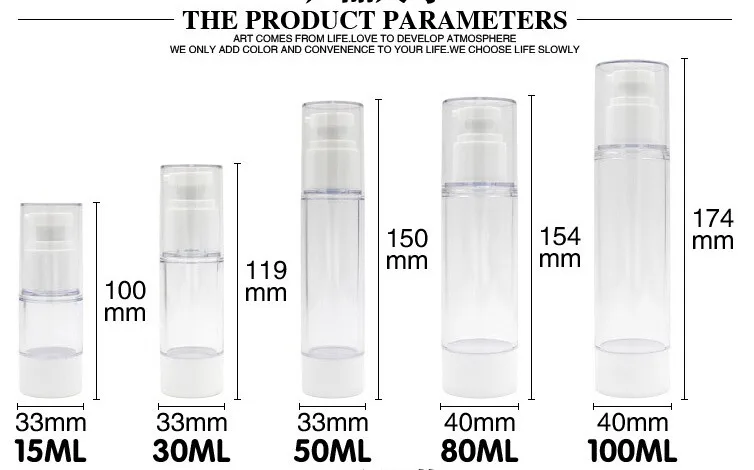 Garrafas vazias de soro, Garrafas de bomba de vácuo, COMO Sub-engarrafamento plástico com creme PP Airless Bottle, 15ml 30ml 50ml 80ml 100ml