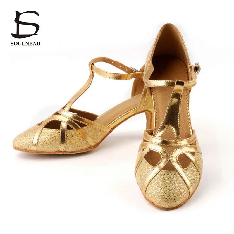 Women Latin Dance Shoes Salsa Tango Ballroom Dancing Shoes Gold Silver Glitter 5 7cm High Heel Adult Female Samba Dance Sneakers