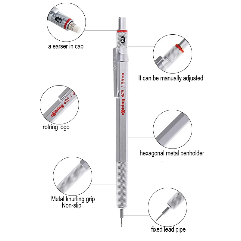 Rotring 600 0.5mm/0.7mm Mechanical Pencil black/silver metal Automatic Pencil  1piece