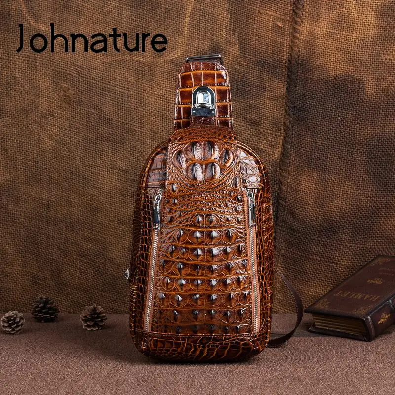 

Johnature Vintage Genuine Leather Fashion Alligator Men Chest Bag 2024 New Outdoor Leisure Versatile Real Cowhide Crossbody Bags