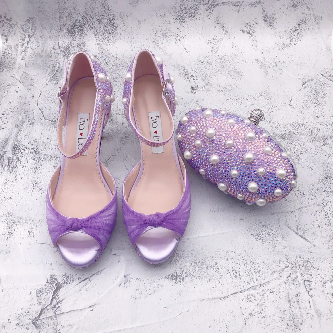 BS1481  Custom Made Heel Height  Women Shoes Bridal Wedding Shoes Lilac Lavender Pearl Stones Shoes With Matching Bag Set