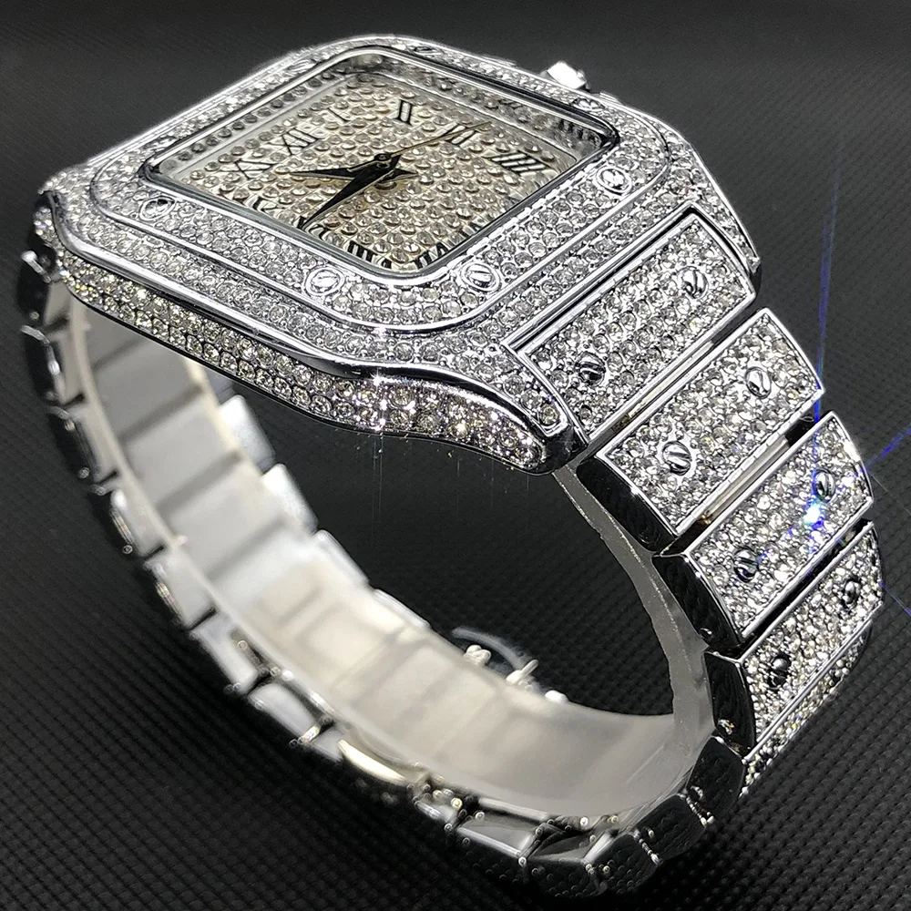 MISSFOX-reloj cuadrado Ice Out para hombre, cronógrafo de lujo con diamantes completos, ultradelgado, resistente al agua, estilo Hip Hop, envío