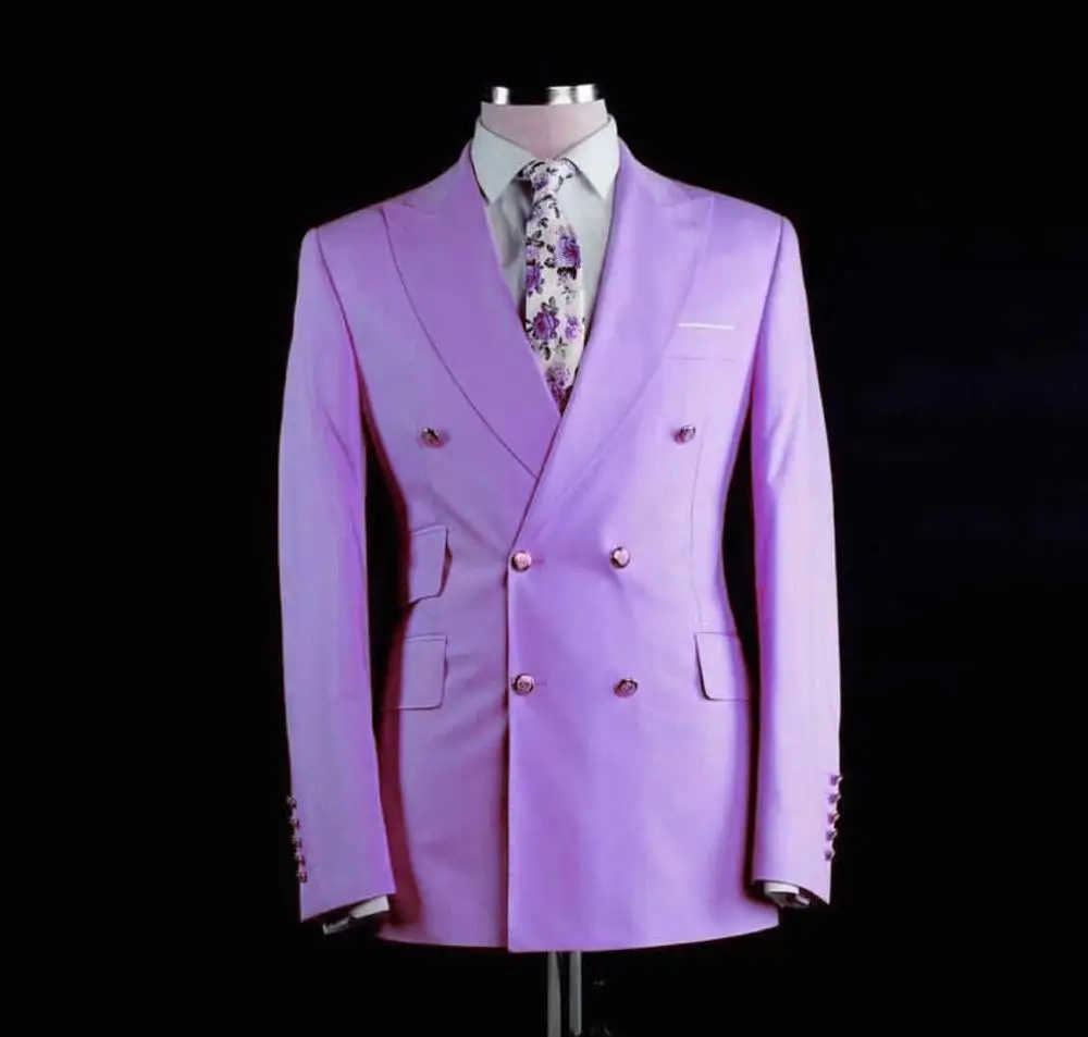 Double Breasted Men Suits Lilac Groom Tuxedos Peak Lapel Groomsmen Wedding Best Man 2 Pieces ( Jacket+Pantst+Tie ) D64