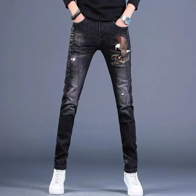 

Korea Version Men’s Noble Black Jeans, High Quality Slim Stretch Jeans,Light Luxury Eagle Embroidery Jeans, Sexy Ripped Jeans;