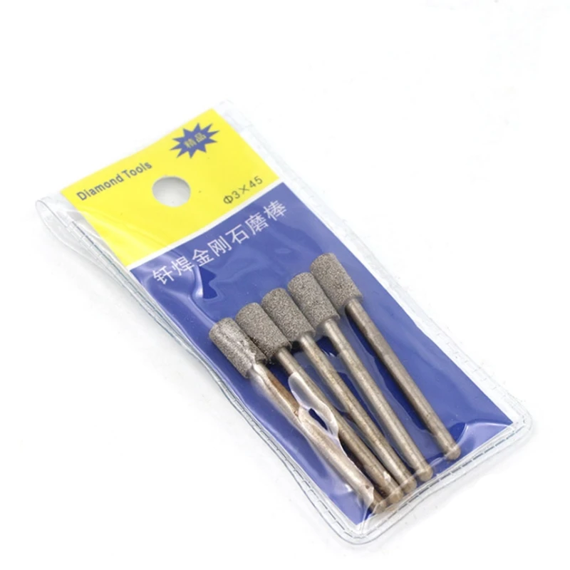 5pcs 3mm Shank Brazed Cylindrical Diamond Grinding Head Burrs Carving Peeling Bits Tools For Jade Stone Glass Metal Ceramic Mill