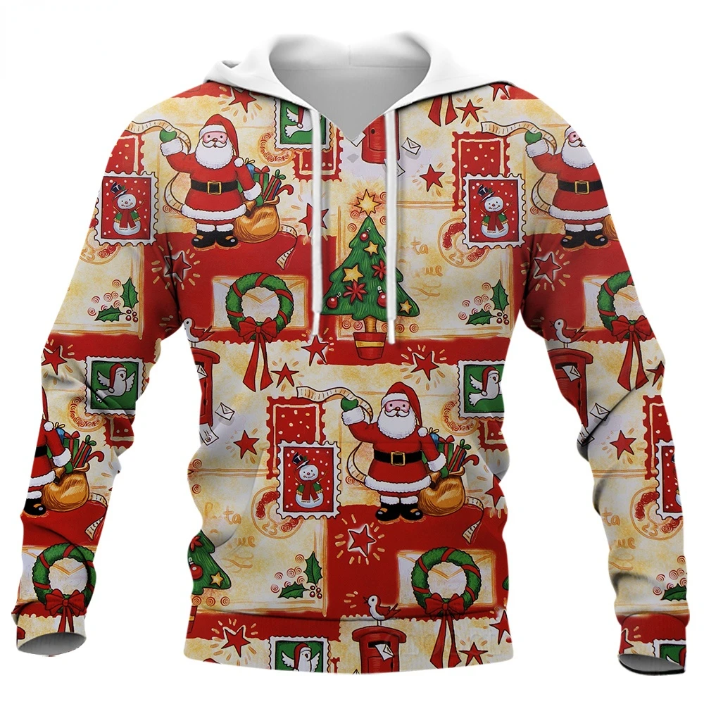 

HX Marry Christmas Hoodie 3D Graphics Cartoon Santa Splicing Pullovers Men Women Tracksuit Pockets Hoodie Men Clothing