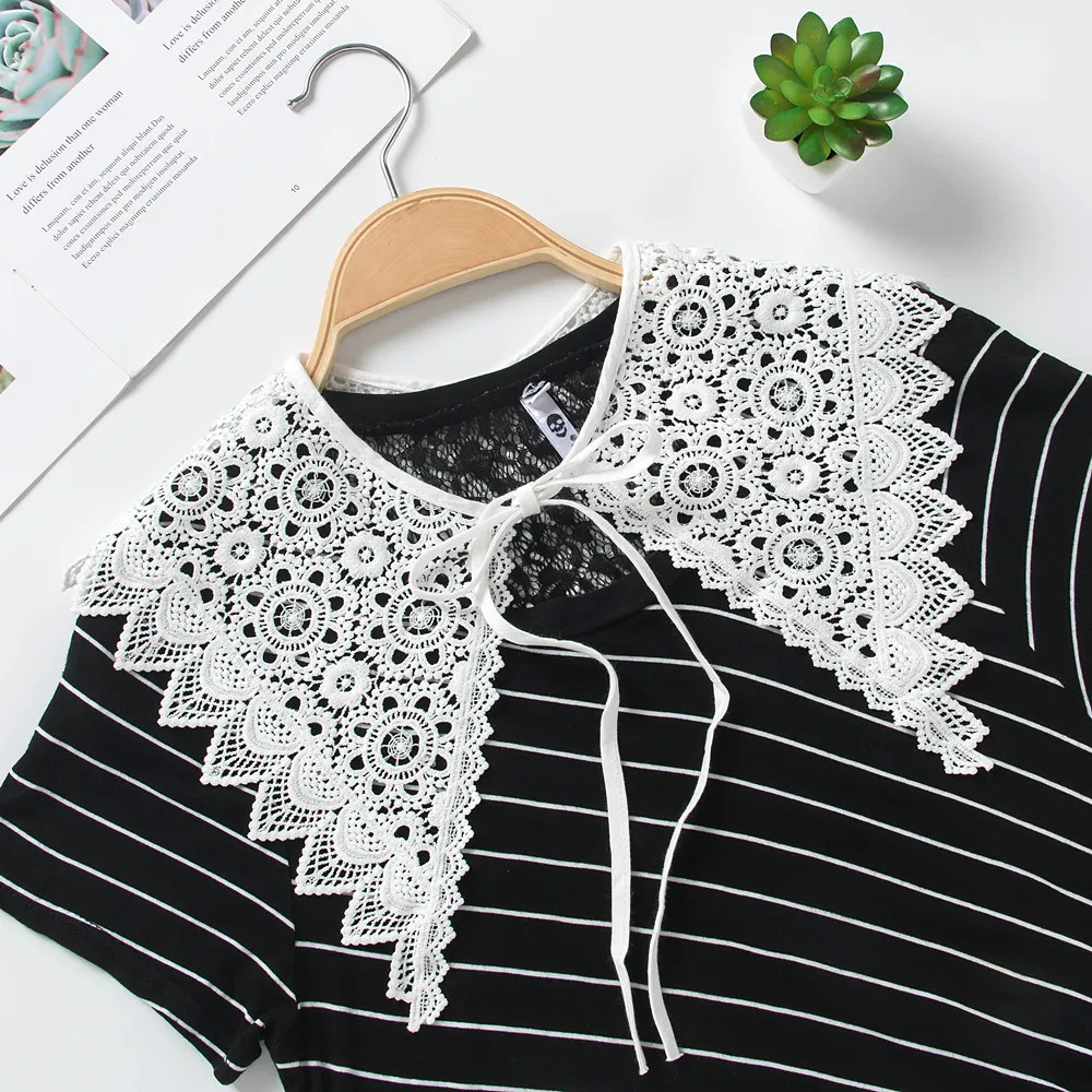 Women Peter Pan Neck Shirt Chiffon Cotton Fake Collar Tie Hollow Out Lace Flower Lapel Floral False Detachable Collar Blouse Top