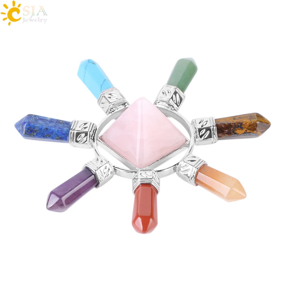 

CSJA 7 Chakra Jewelry Energy Power Natural Stone Meditation Crystal Pyramid Hexagonal Prism for Men Women Yoga Healing F342