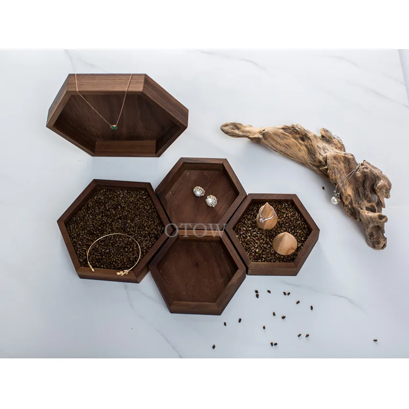 Black Walnut Hexagonal Jewelry Tray Ornaments Rack Storage Box Display Stand For Home/Market