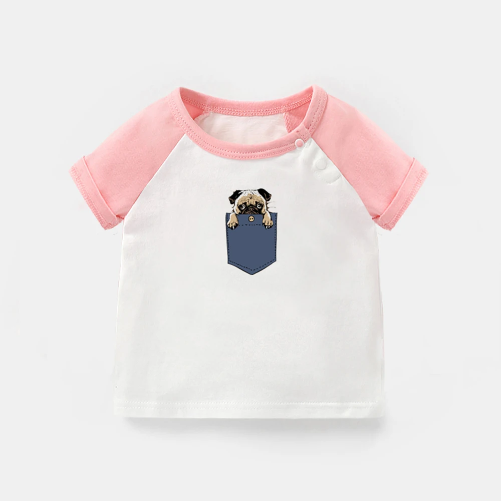 Cute Pug Dog in My Pocket Design Newborn Baby T-shirts Cartoon Dog Printing Graphic Raglan Color Short Sleeve Tee Tops