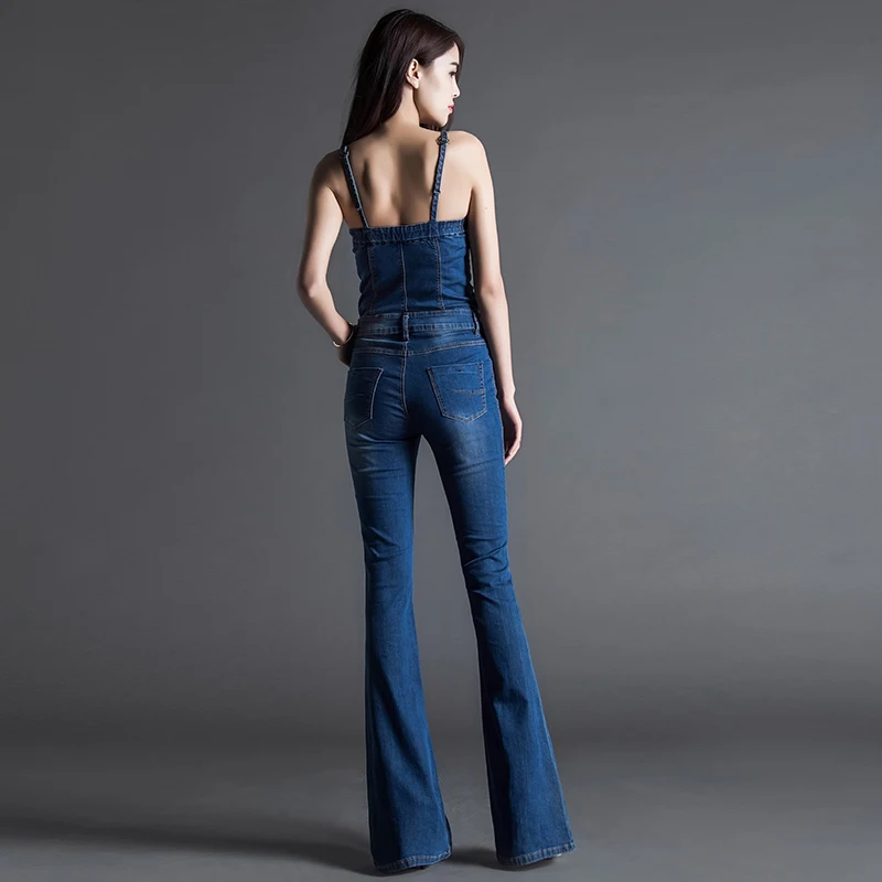 TIYIHAILEY Free Shipping Fashion Summer Denim Bib Pants High Waist Boot Cut Spaghetti Strap Jumpsuit For Tall Women size 24-30