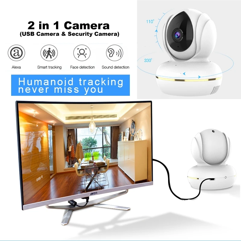 

3MP PTZ USB Webcam for Online Video Demo Show & Remote Home Alarm Wifi Security Camera with Smart AI Voice Control by AMZ Alexa