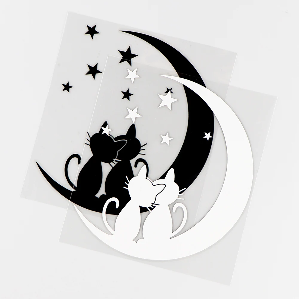 YJZT 12.6×13.8CM Two Romantic Cats Watching Stars On The Moon Funny Car Sticker Vinyl Decal  Black / Silver 10A-0559