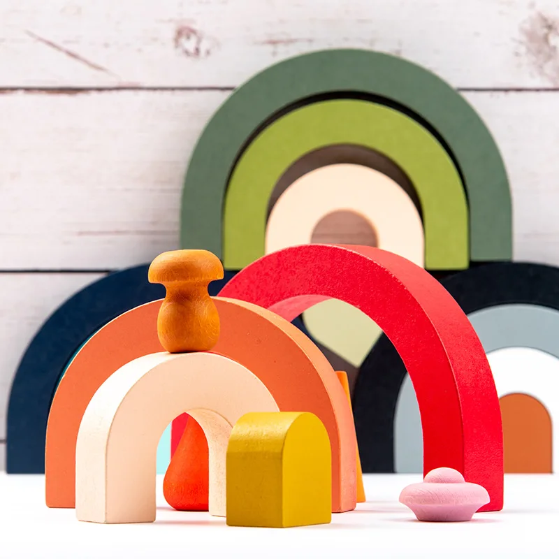 Baby Montessori Rainbow Building Blocks Wooden Toy DIY Stacking Balance Game Educational Color Cognitive Blocks Children Toys