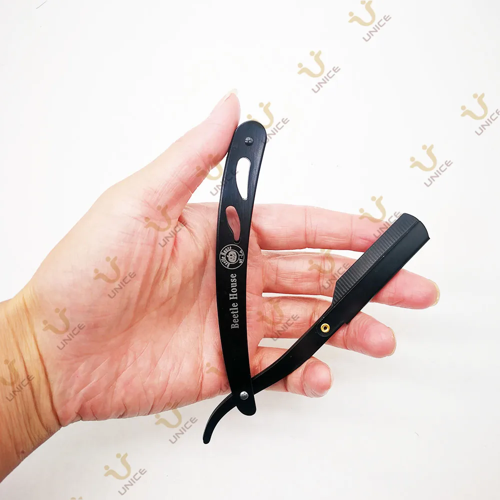 Free Custom LOGO 10 Pieces Straight Edge Razor for Blades Men\'s Shaver Barber Shaving Tool Black Stainless Steel Beard Grooming