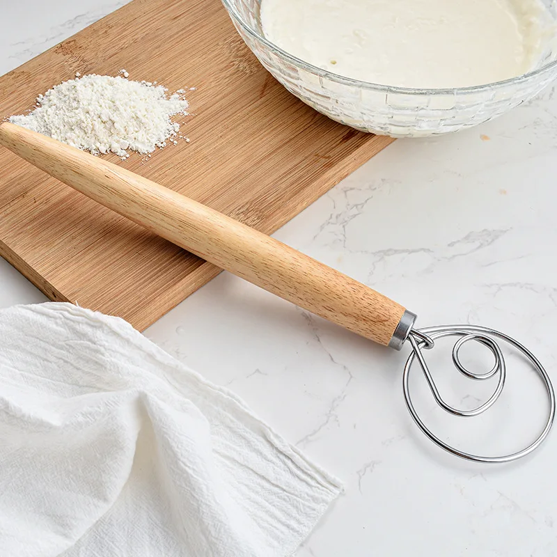 13 Inch Oak Handle Milk Baking Flour Mixer Flour Mixer Danish Dough Mixing Rod Stainless Steel Coil Hand Blender Cooking Tool