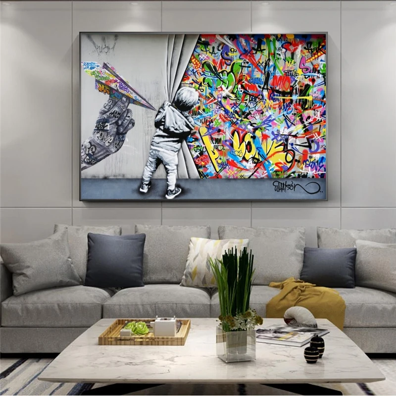 Modern Street Art Boy Withdrew The Curtain Wall Art Paintings Print on Canvas Paper Airplane Wall Pictures for Home Room Decor