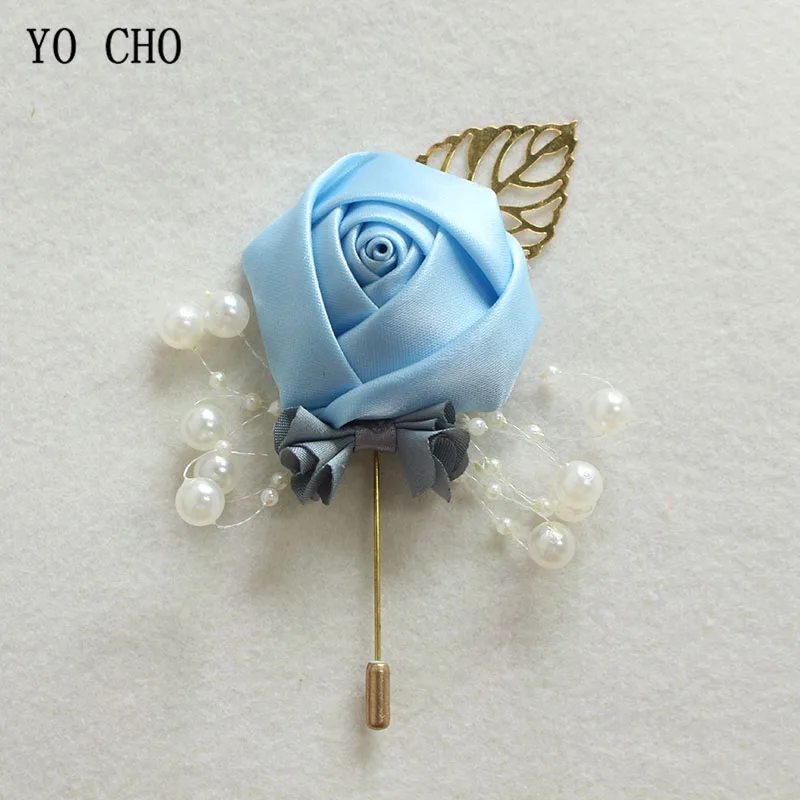 YO CHO Delicate Wedding Man Boutoniere Artificial Flowers with Gloden Leaves Woman Brooch Vintage Dress Decor