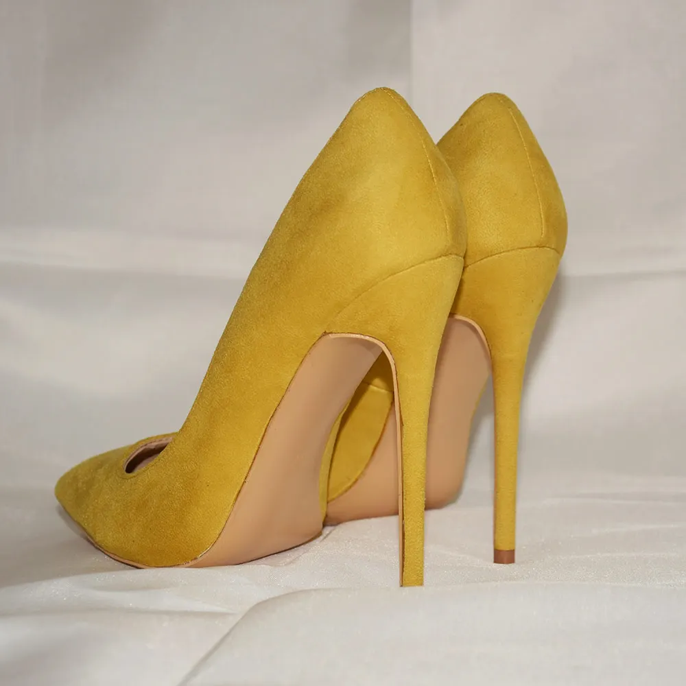 Veowalk Spicy Mustard Women Sexy Pointed Toe Stiletto High Heels Elegant Ladies Designer Flock Party Pumps Shoes 8/10/12cm