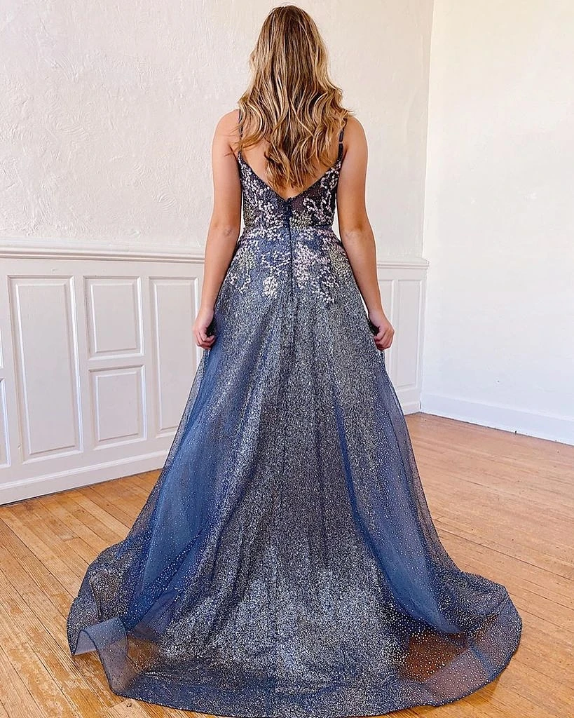 2020 New Evening Dress Sexy V-neck Applique Beading Backless Spaghetti Strap Sweep Train Sequin Tulle Prom Dress فساتين السهرة