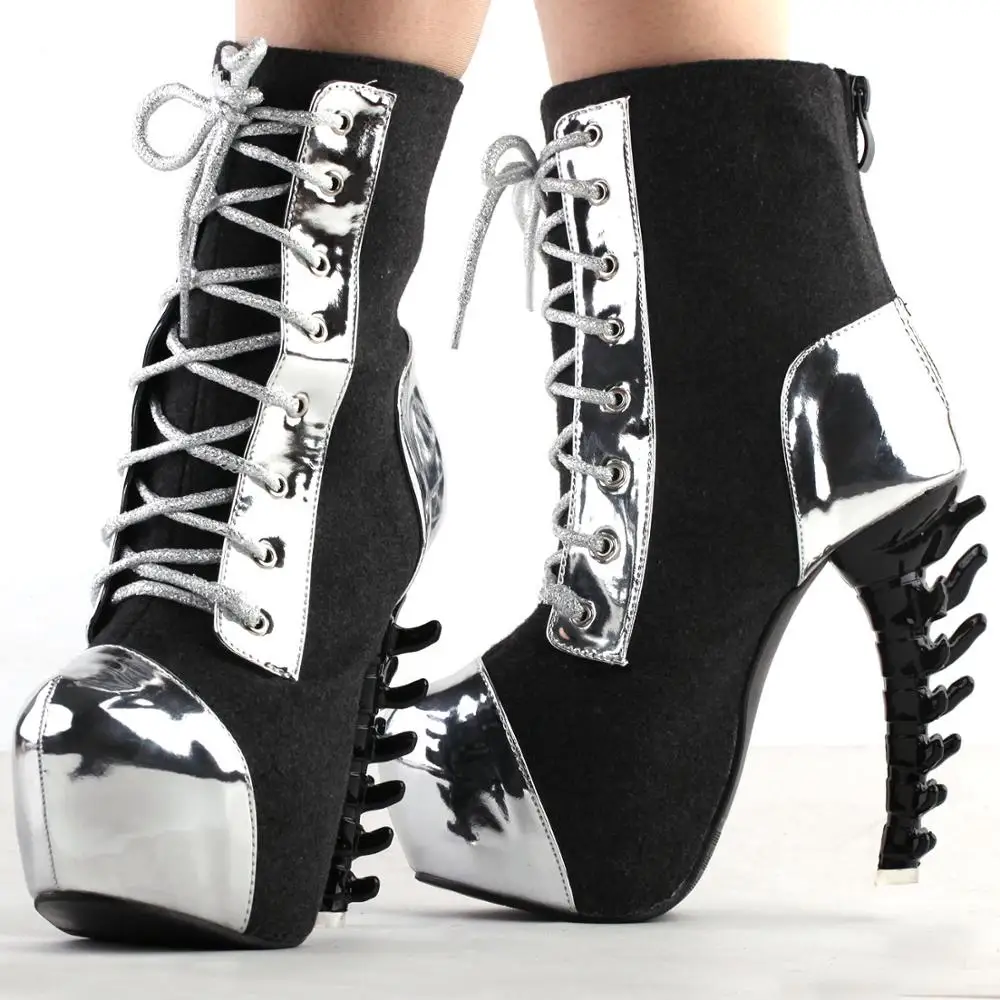 Cool Dark Grey Silver Two Tone Lace-Up High-top Bone Heels Platform Ankle Boots