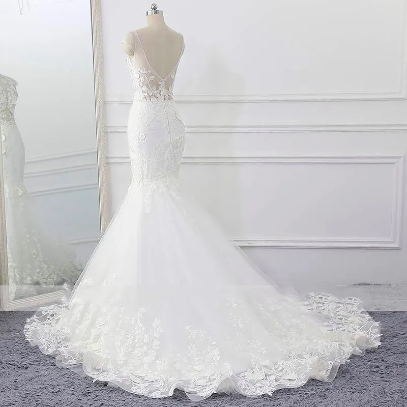 Sexy Mermaid Wedding Dress Illusion O Neck Short Sleeve Lace Appiques Bridal Gowns Zipper Back Bride Dresses