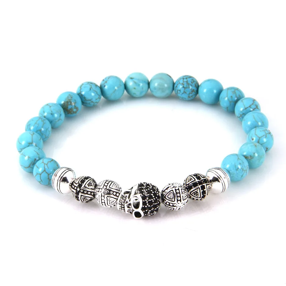 

8MM Ts Style Blue Stone Beads Elastic Bracelet with Cross & Skull Beads, European Rebel Heart Natural Stone Bracelets