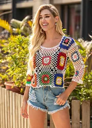 H80&S90 Hand Crochet Beach Swimsuite Cape Pareos Woman Sexy Hollow Out Floral Cover Up Blouse Loose Casual Women Pullover Tops